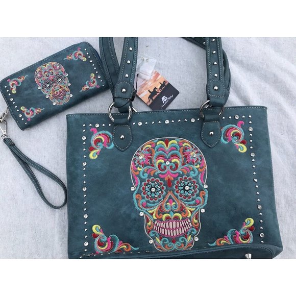 American Bling Embroidered Sugar Skull Tote and Wallet Set-COFFEE Brown - Picture 1 of 16